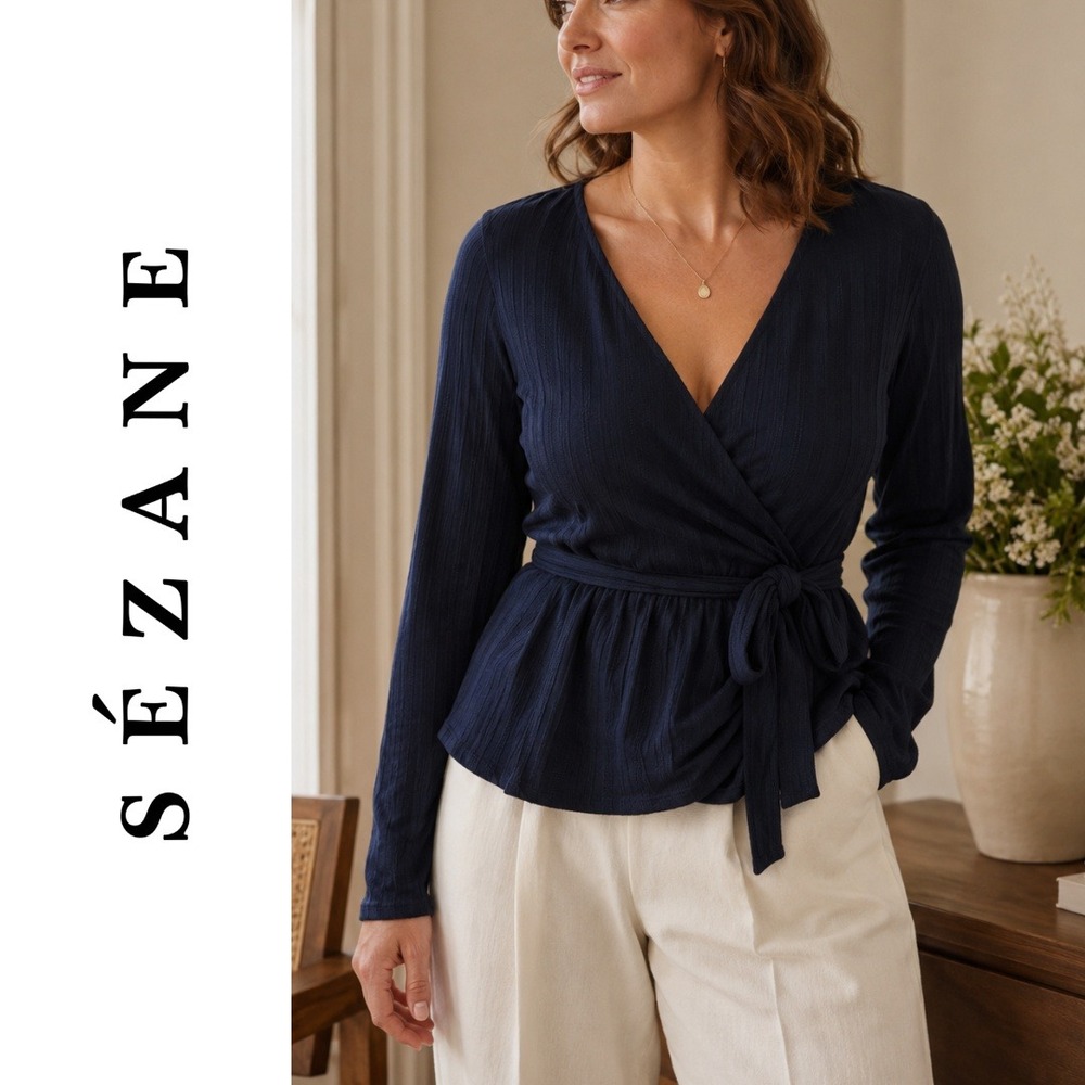 Sezane, Navy Blue Pointelle Ribbed Wrap Tie Waist Top Long Sleeve Size Medium